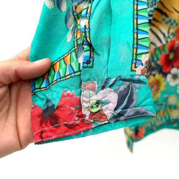 Johnny Was Tigres Et Fleurs Silk Button Down Shirt Tropical Tiger XS Blouse - Picture 9 of 11